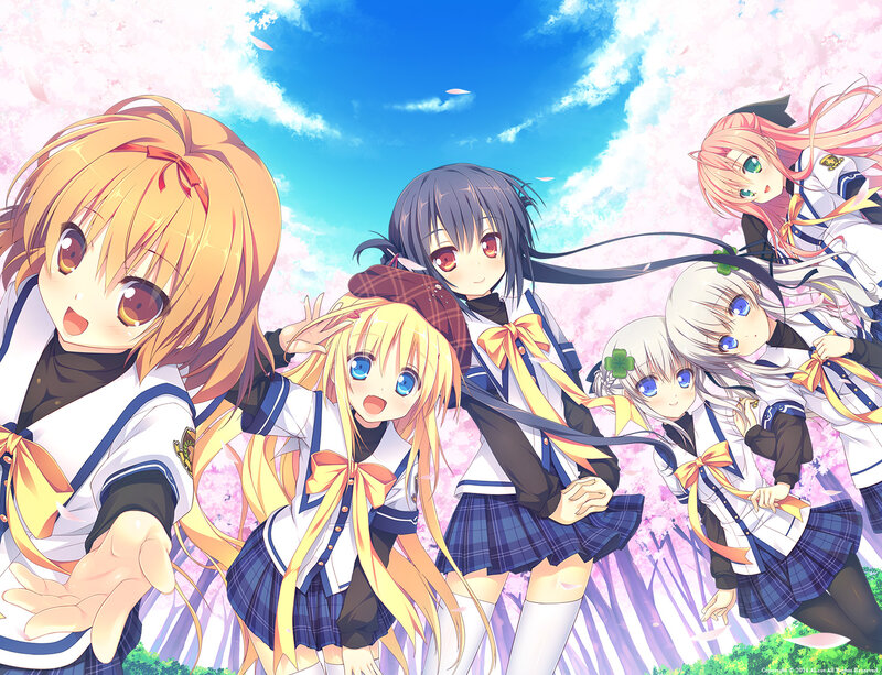Five Schoolgirls in Uniform — Pink, Cheerful, Spring, Anime