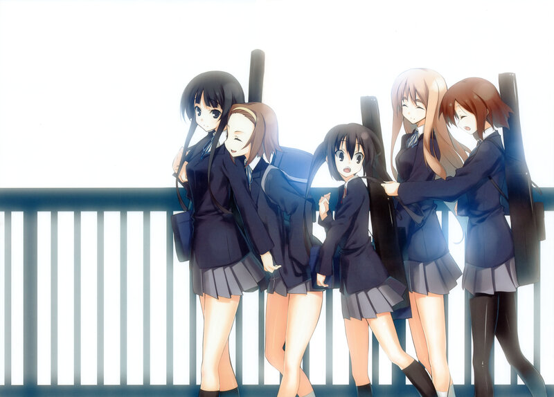 Five Schoolgirls in Uniforms — Blue, Bright, Afternoon, Anime