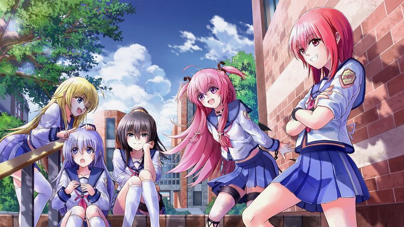 Five Schoolgirls in Uniforms — Blue, Cheerful, Afternoon, Anime, School Uniform, Brick Wall