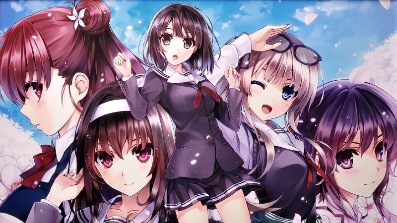 Five Schoolgirls in Uniforms — Blue, Cheerful, Spring, Anime