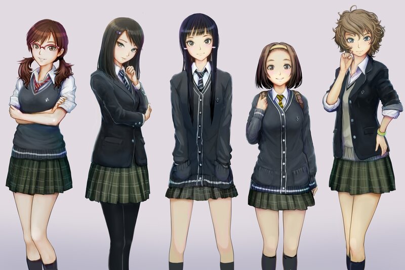 Five Schoolgirls in Uniforms — Gray, Neutral