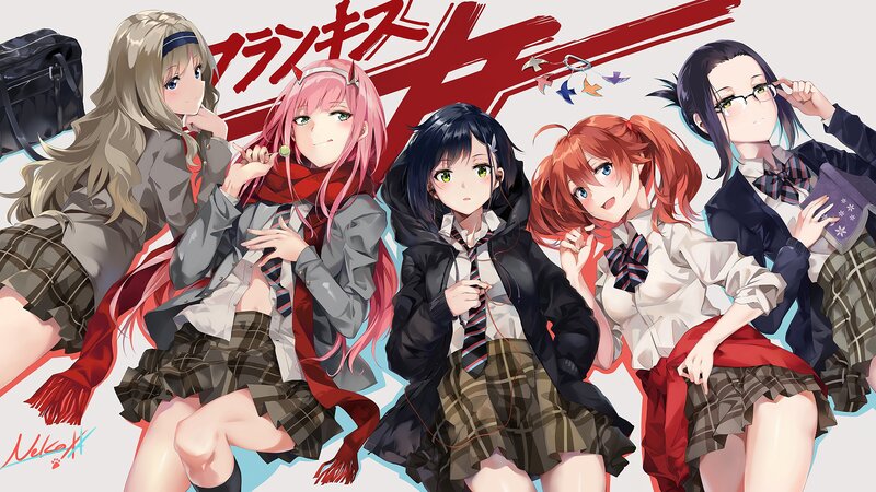 Five Schoolgirls in Uniforms — Red, Playful