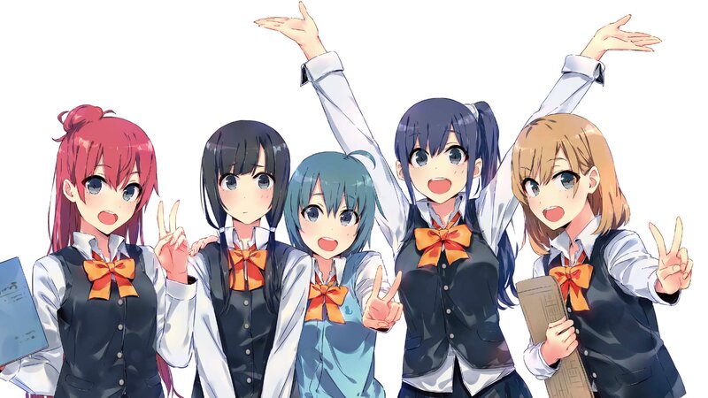 Five Schoolgirls in Uniforms — White, Cheerful, Anime