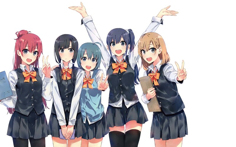 Five Schoolgirls in Uniforms — White, Cheerful