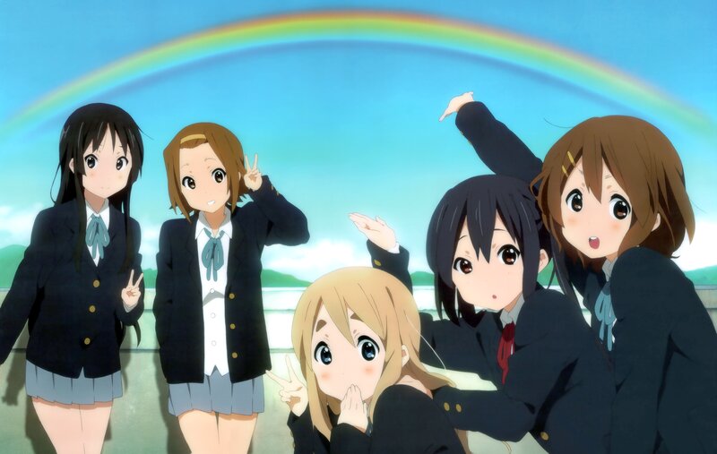 Five Schoolgirls Posing — Blue, Cheerful, Afternoon