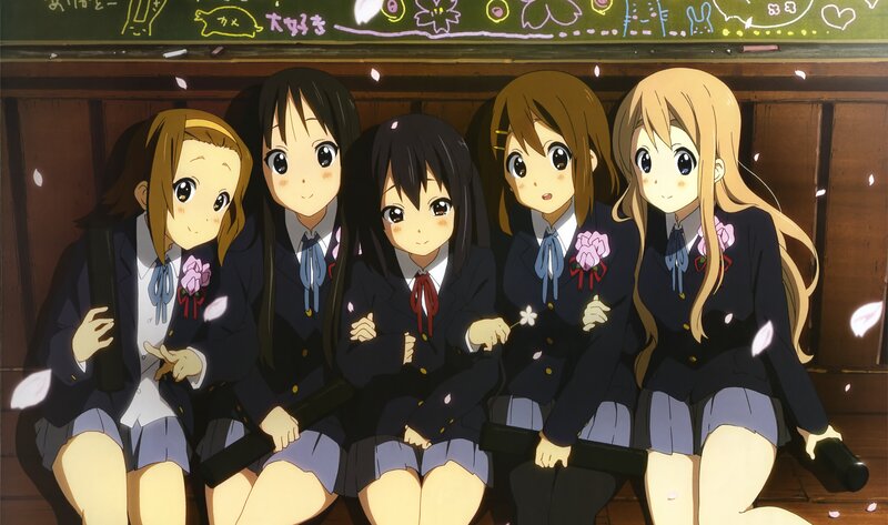 Five Schoolgirls Sitting — Blue, Calm, Spring, Anime, School Uniforms