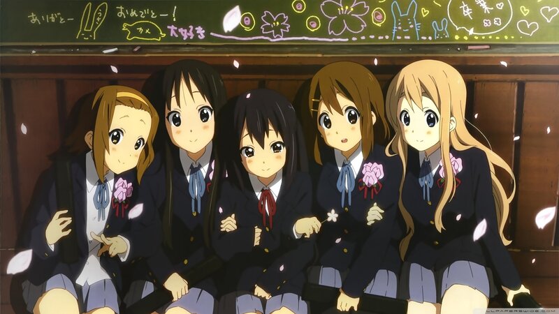 Five Schoolgirls Sitting — Blue, Calm, Spring, Anime