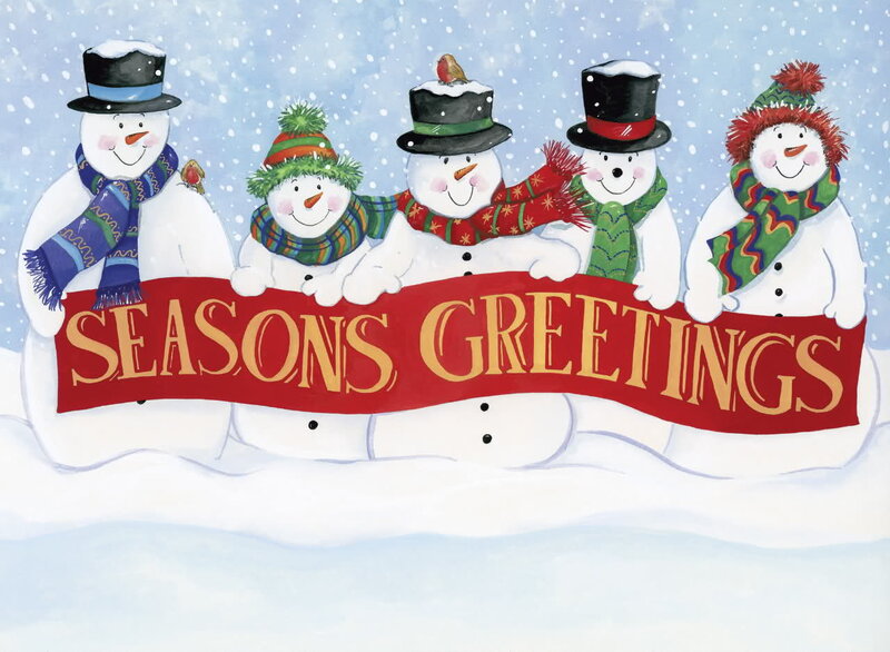 Five Snowmen Holding Banner — White