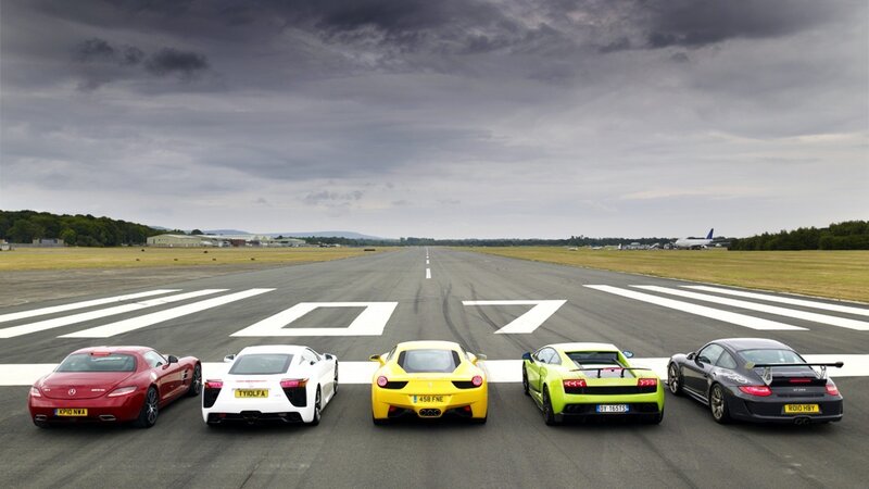 Five Sports Cars on Runway — Gray