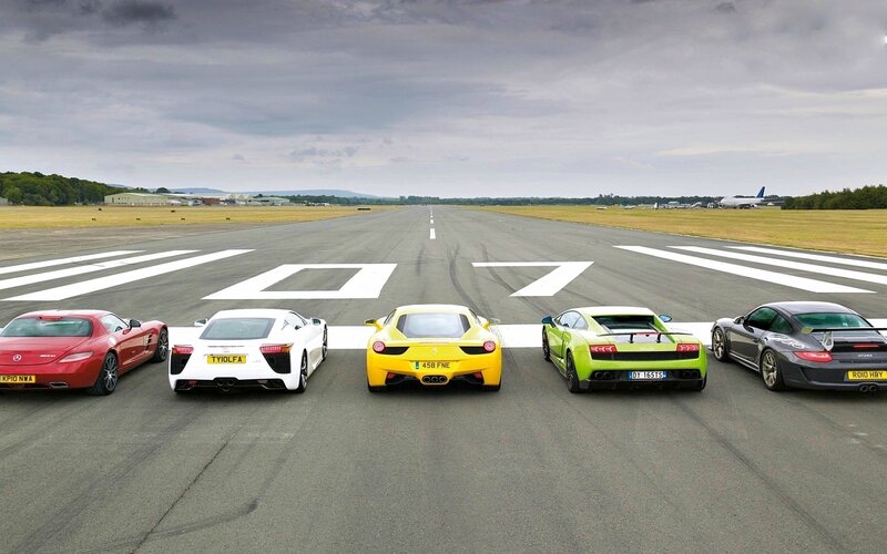 Five Sports Cars on Runway