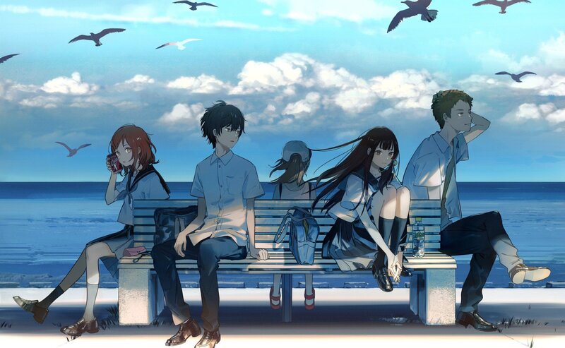 Five Students on Bench — Blue