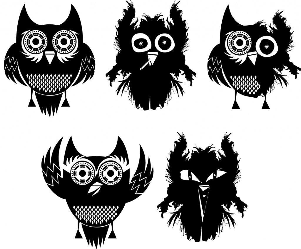five stylized owl designs