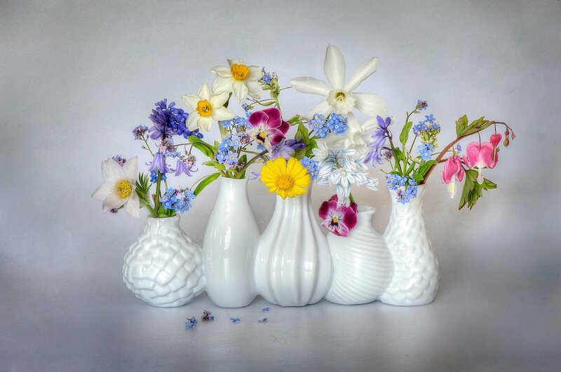 Five Vases with Flowers — White
