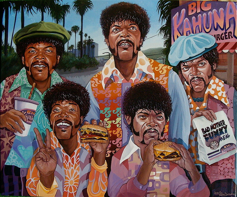 Five versions of a man with burgers