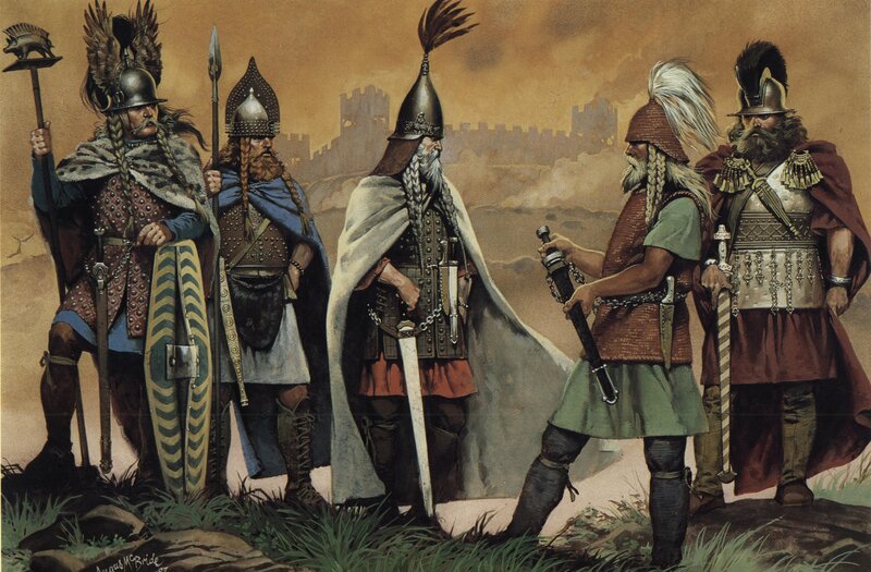 Five Warriors in Armor — Brown, Dramatic, Afternoon