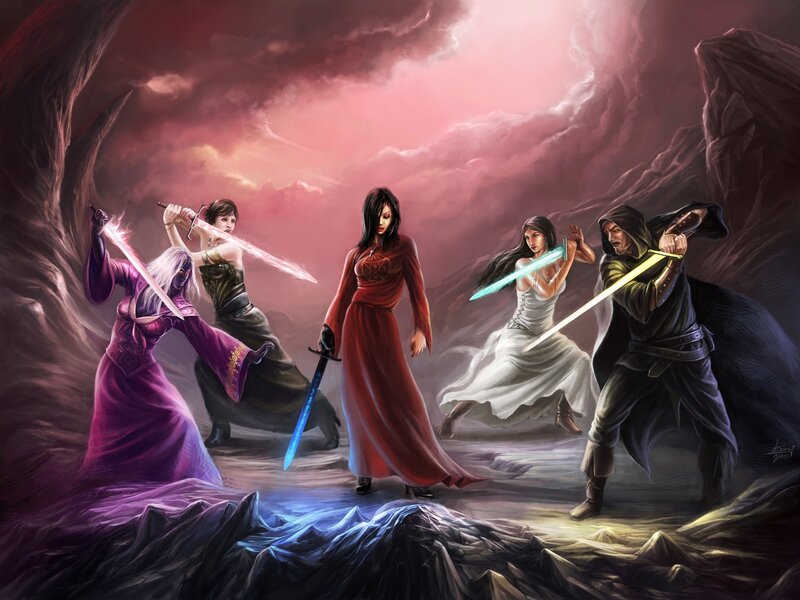 Five Warriors with Swords — Red, Dramatic
