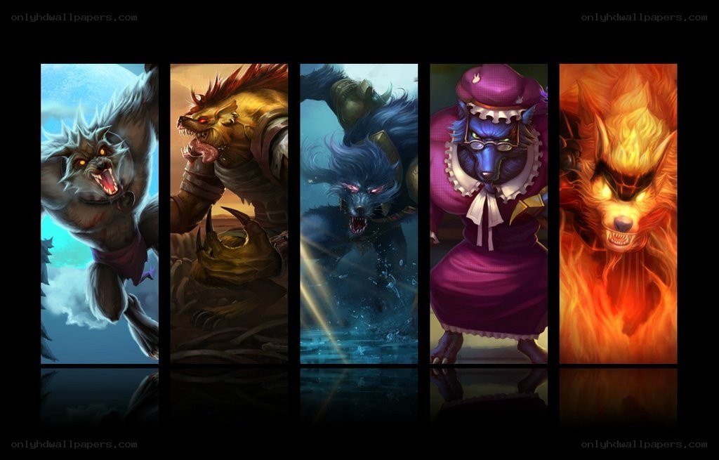 Five wolf-like characters in various forms
