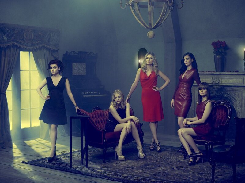 Five women in a dramatic room