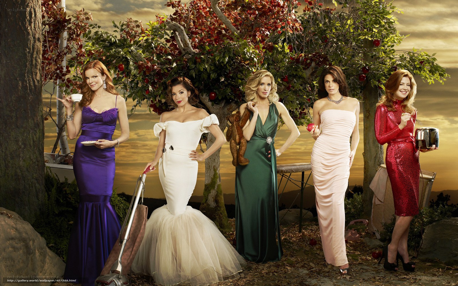 five women in elegant dresses
