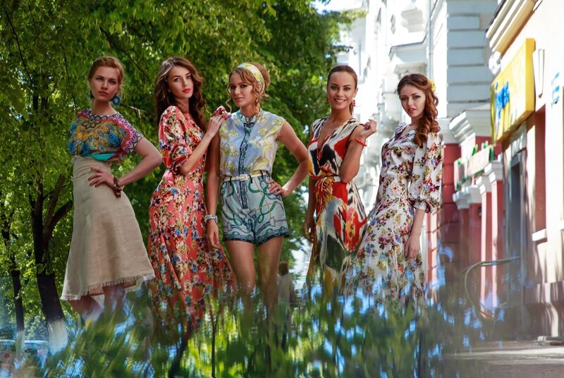 Five Women in Floral Dresses — Green