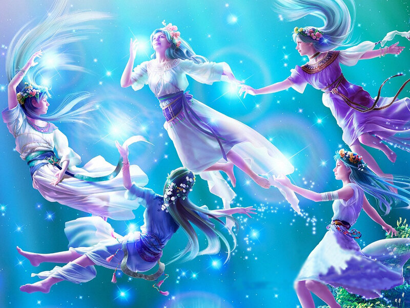 Five Women in Flowing Dresses — Blue