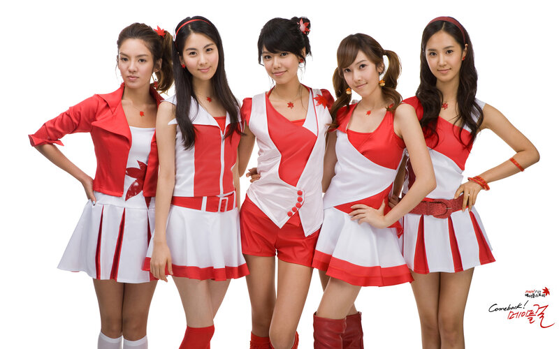 five women in red and white outfits