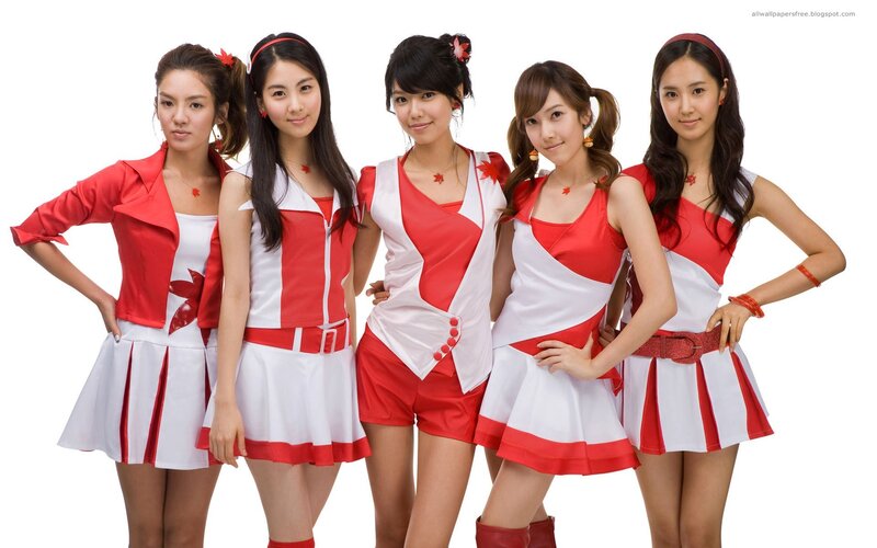 five women in red and white outfits