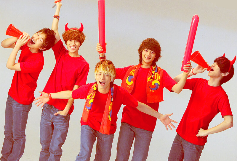 five young men in red shirts