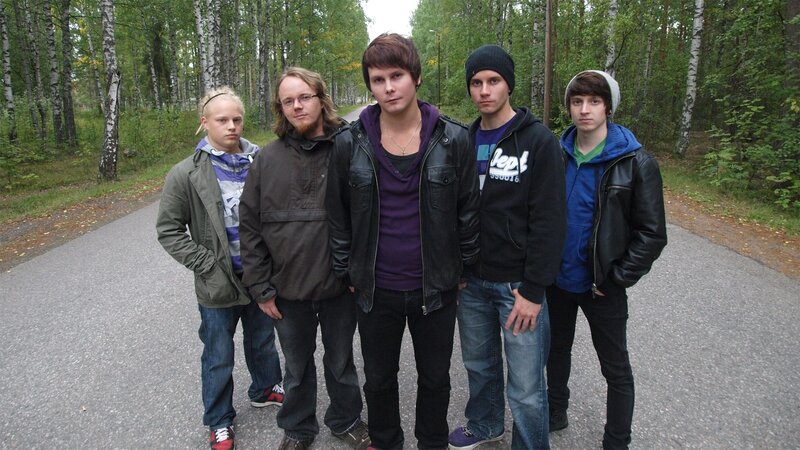 five young men on a forest road