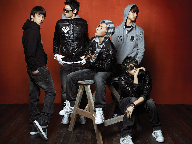 Five Young Men Posing — Red, Confident, Photograph