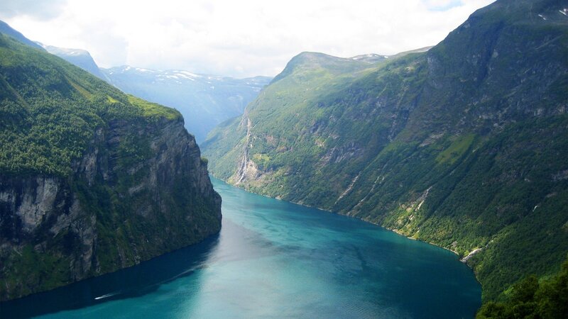 Fjord Between Mountains — Green, Serene, Afternoon, Photograph, Water, Trees, Blue