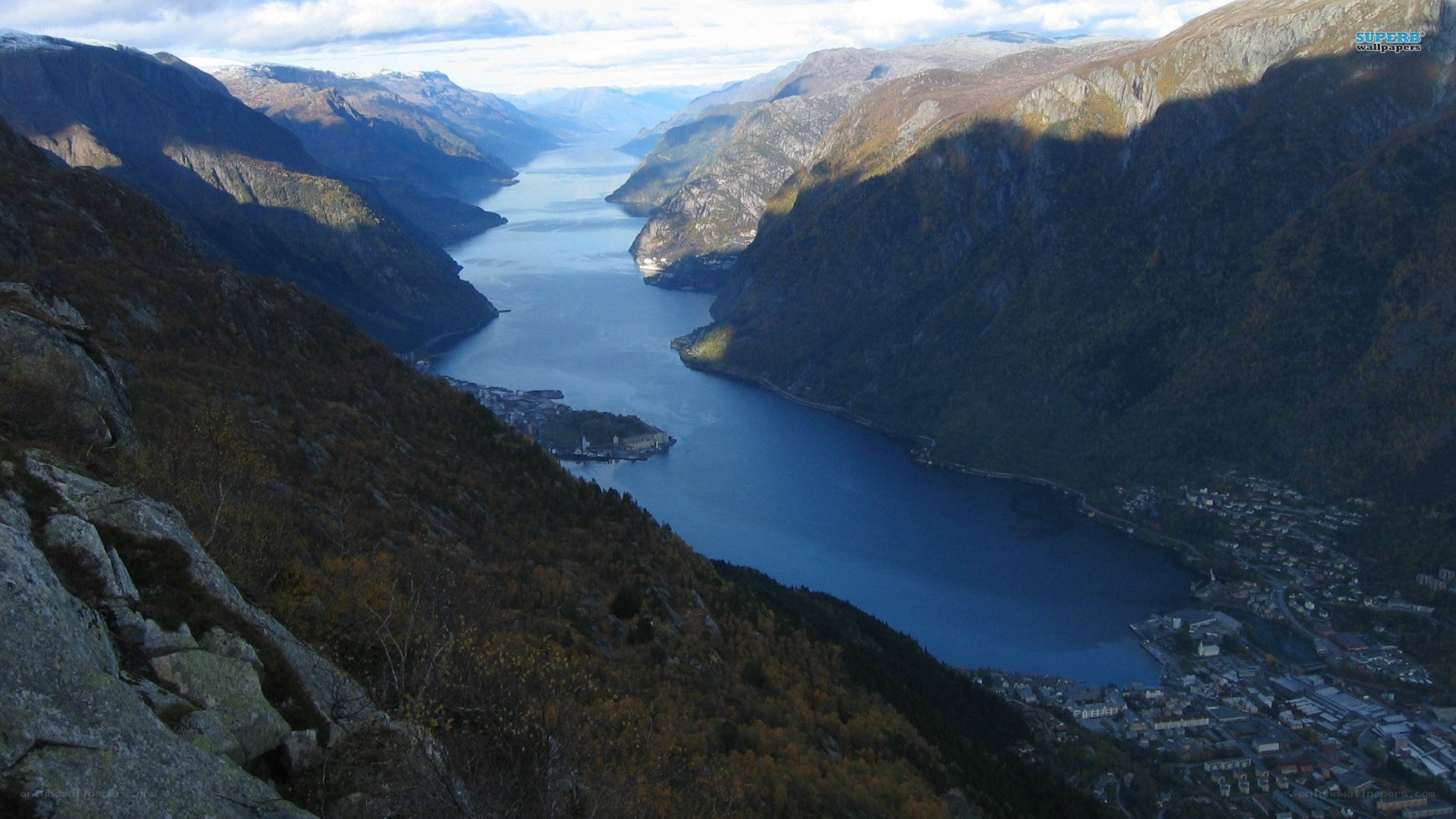 fjord landscape with towns