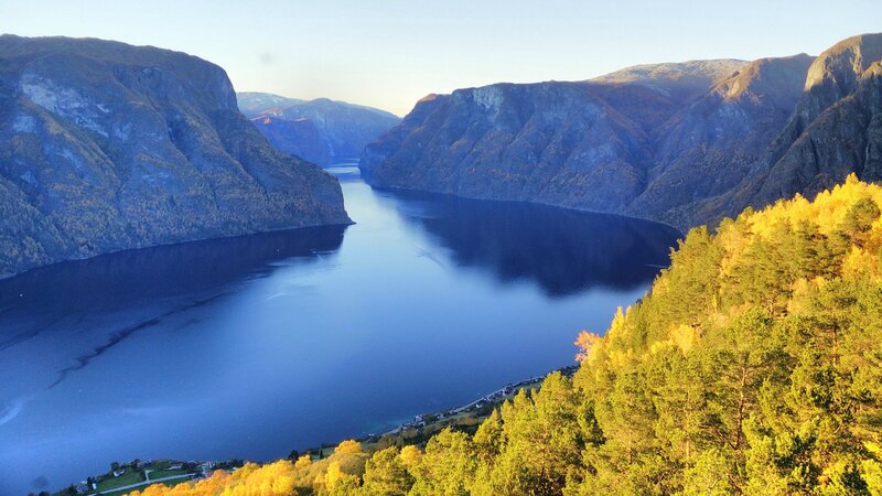 Fjord Surrounded by Mountains — Blue, Serene, Autumn