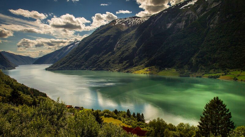Fjord Surrounded by Mountains — Green, Serene