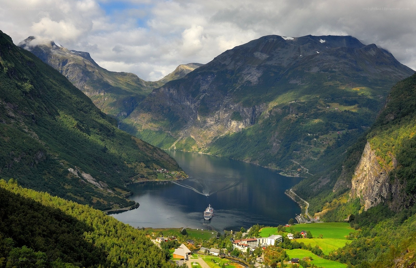 Fjord with cruise ship