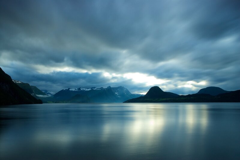 Fjord with Mountains — Blue, Dramatic, Night