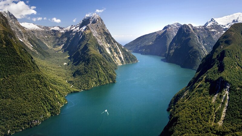 Fjord with Mountains — Blue, Serene, Afternoon, Photograph, Water, Boat