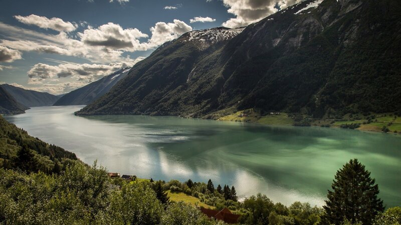 Fjord with Mountains — Green, Serene, Afternoon, Photograph, Lake