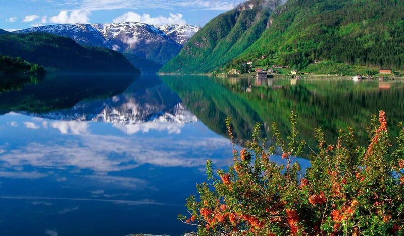 Fjord with Snow-capped Mountains — Blue