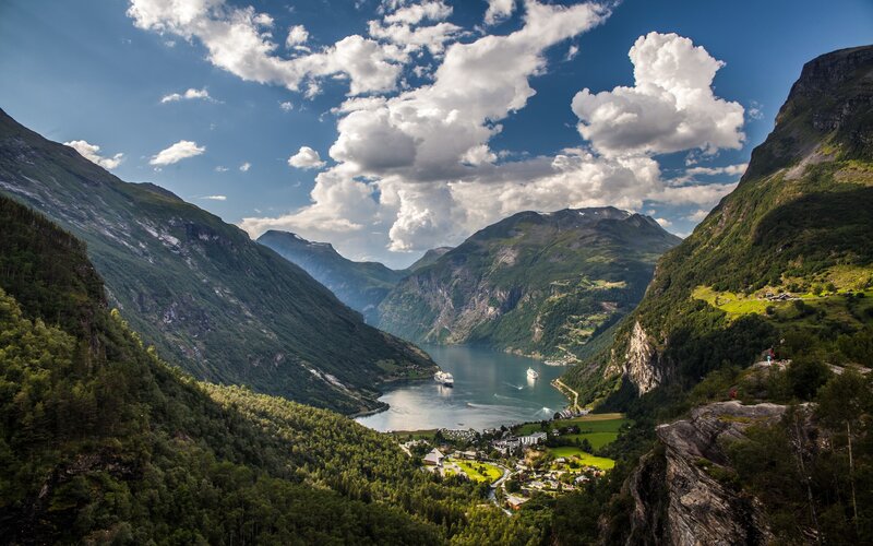 Fjord with Village — Green, Serene