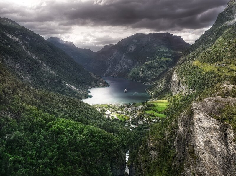 Fjord with Village — Green