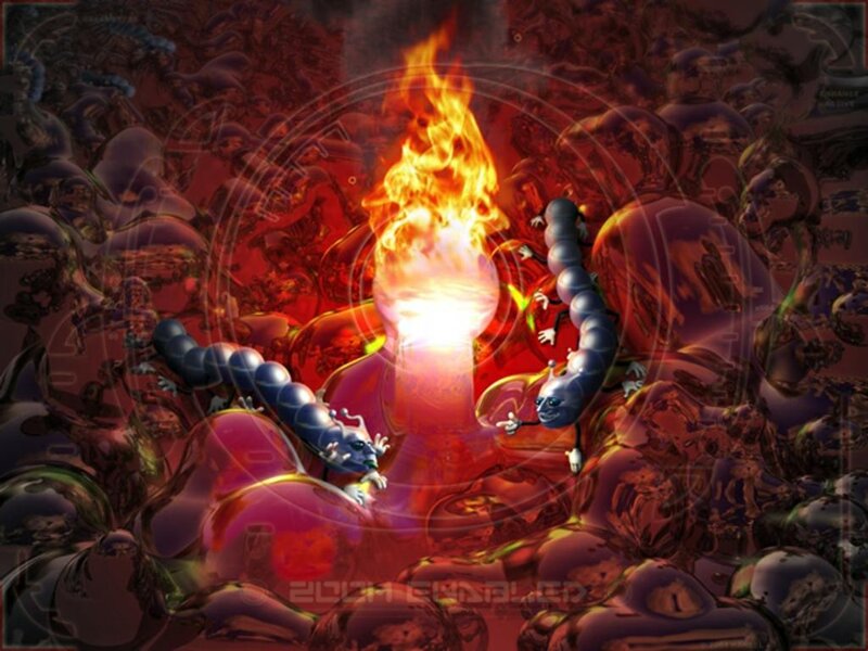 Flame and caterpillars in a surreal landscape