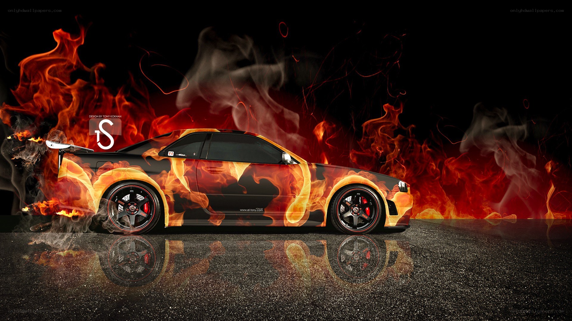 flame car on black background