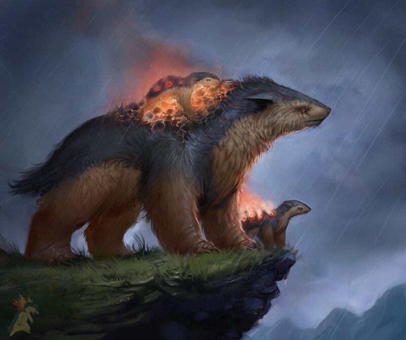 Flame-covered Bear Creature — Gray, Dramatic