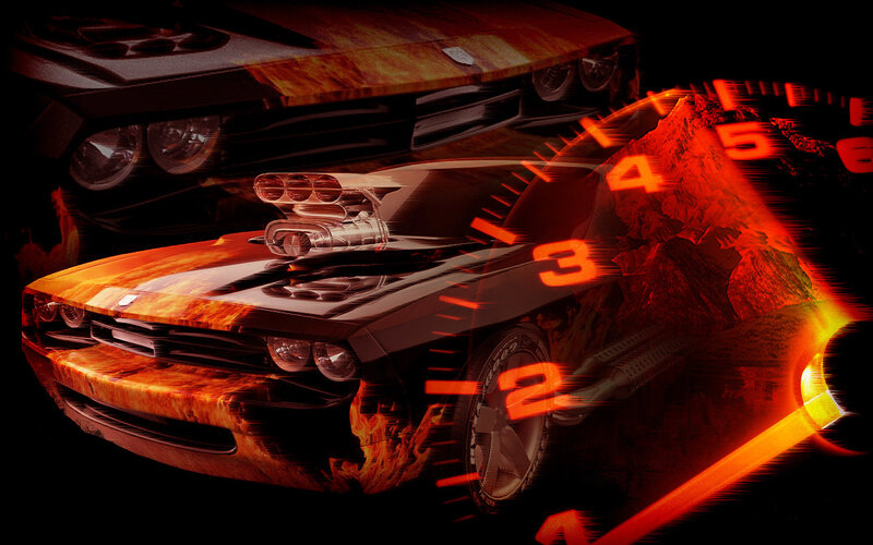 flame-covered muscle car