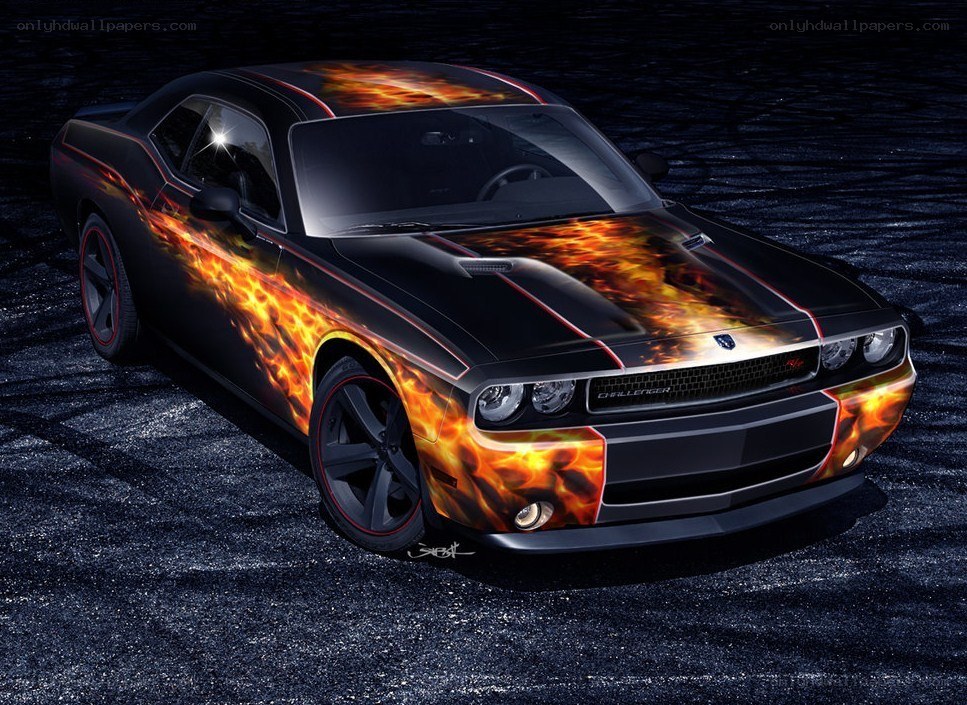 Flame-decorated black muscle car