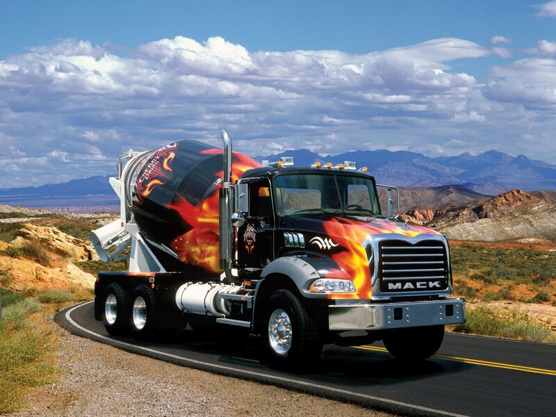 Flame-decorated Cement Truck — Black, Dramatic, Afternoon