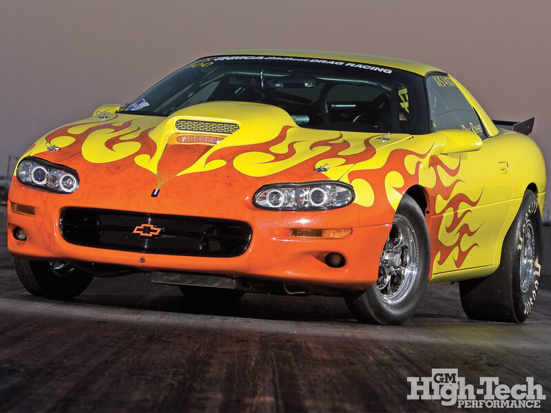 flame-decorated drag racing car