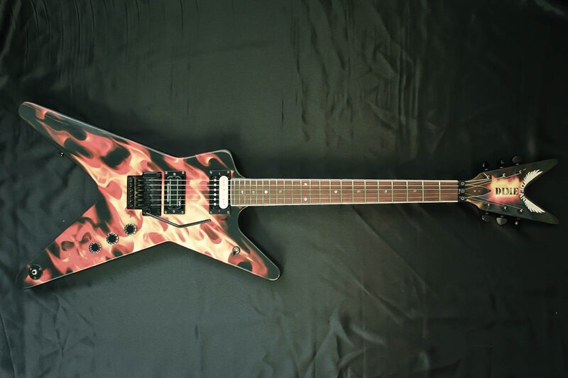 flame-decorated electric guitar