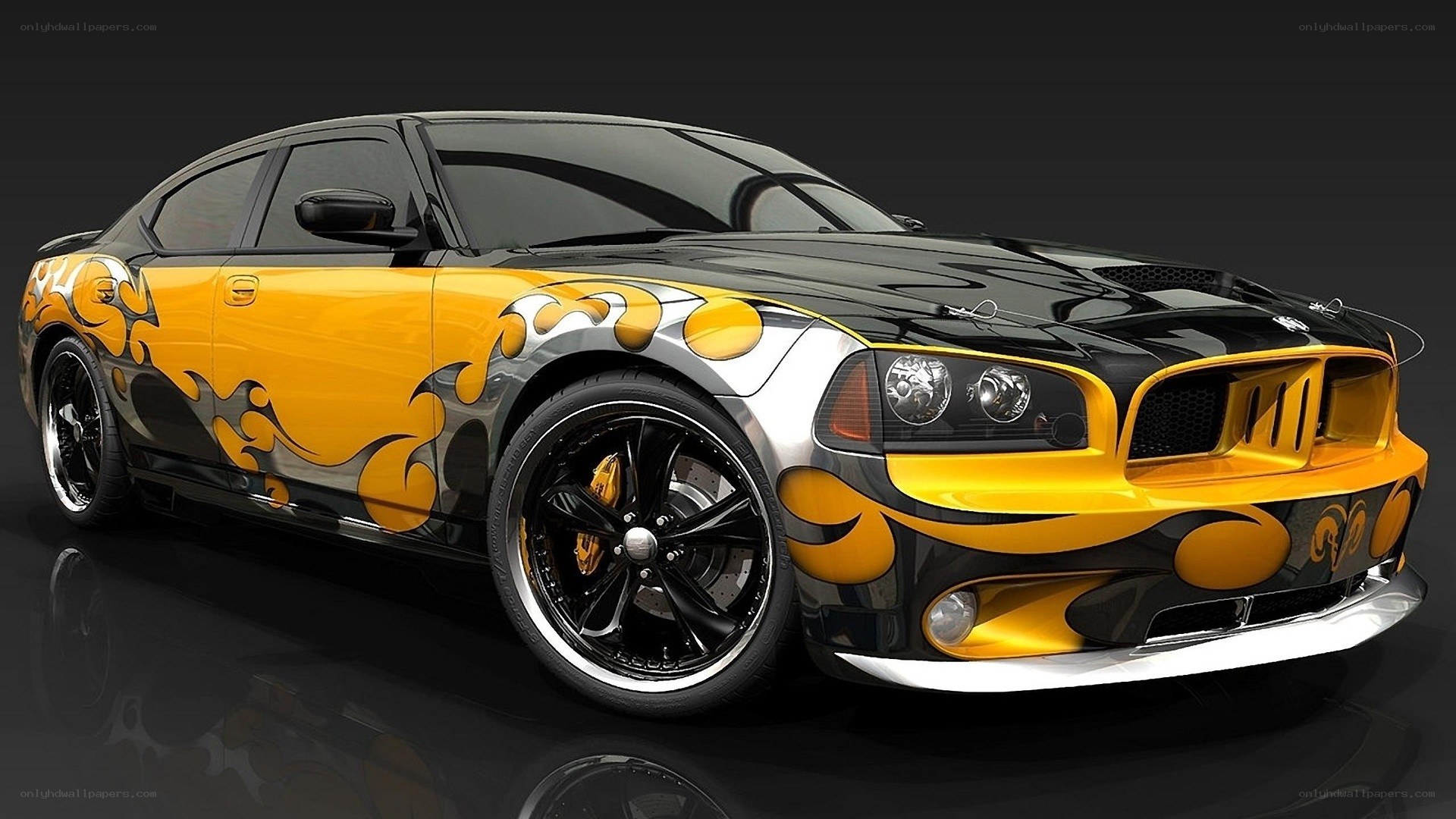 flame-decorated muscle car